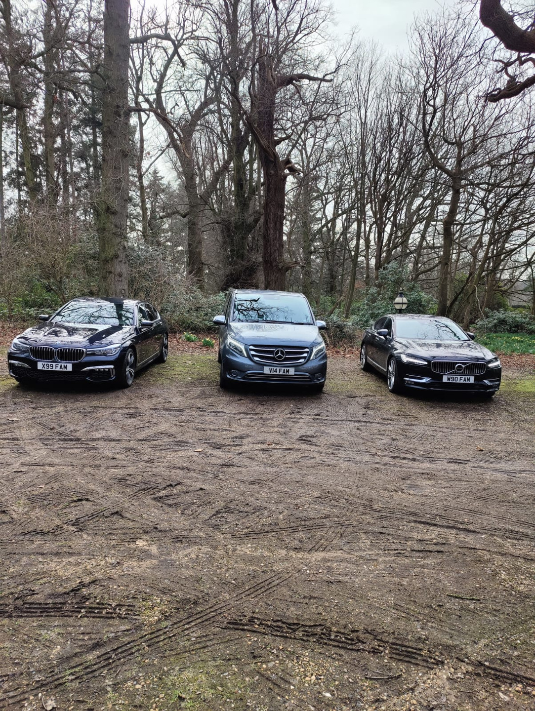 FAMS BMW, Mercedes people carrier and Volvo lined up on location
